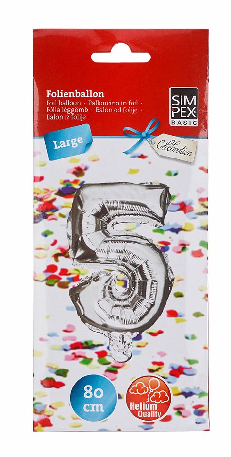 SIMPEX BASIC Celebration Folienballon "5" silber 80 cm