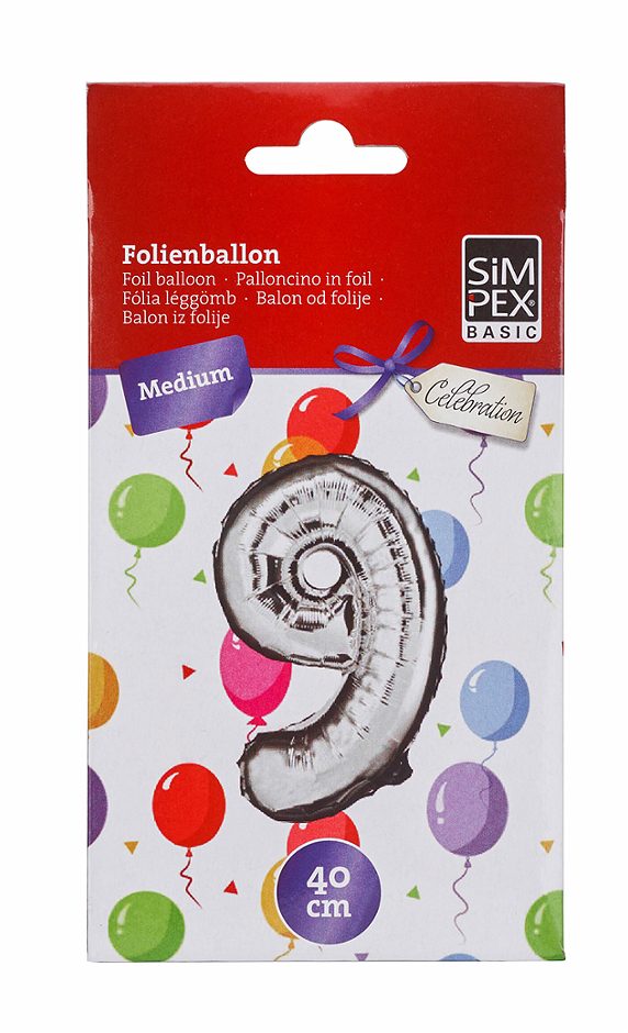 SIMPEX BASIC Celebration Folienballon "9" silber 40 cm