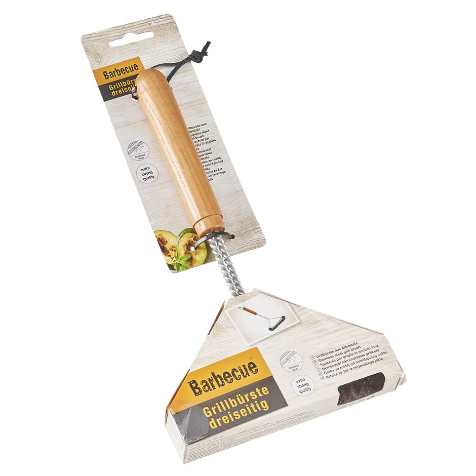 Barbecue Grillbürste mit Holzgriff dreiseitig
