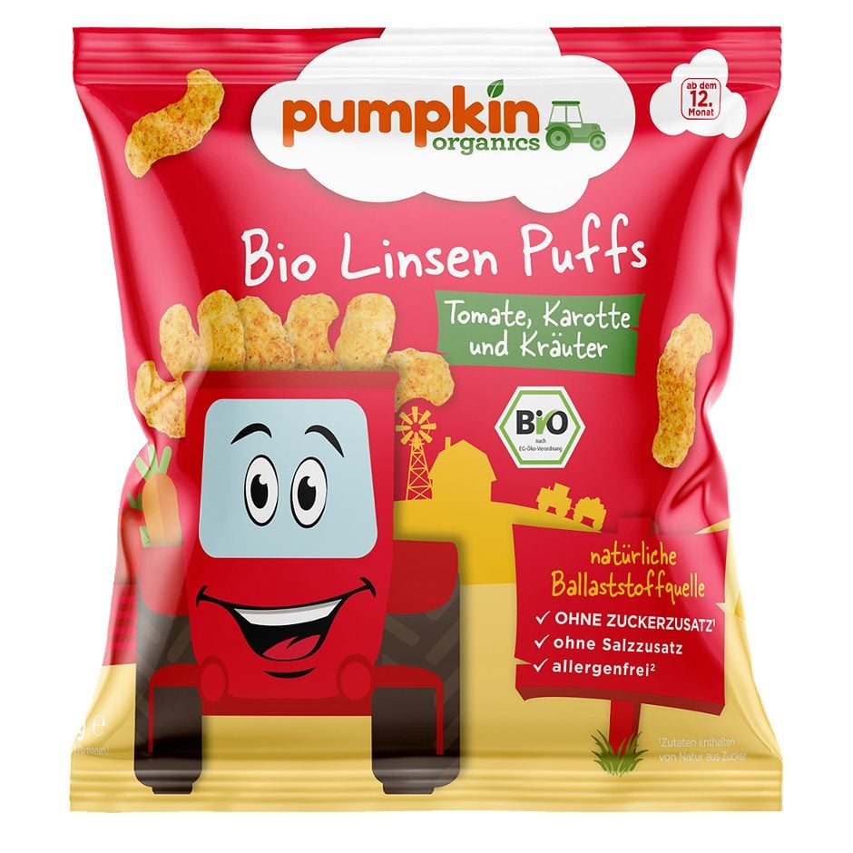 Pumpkin Organics Bio Linsen Puffs Tomate, Karotte und Kräuter 20 G