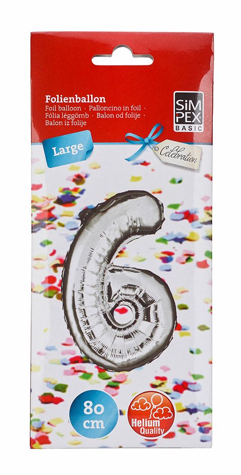 SIMPEX BASIC Celebration Folienballon "6" silber 80 cm
