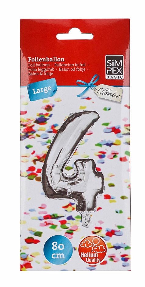 SIMPEX BASIC Celebration Folienballon "4" silber 80 cm