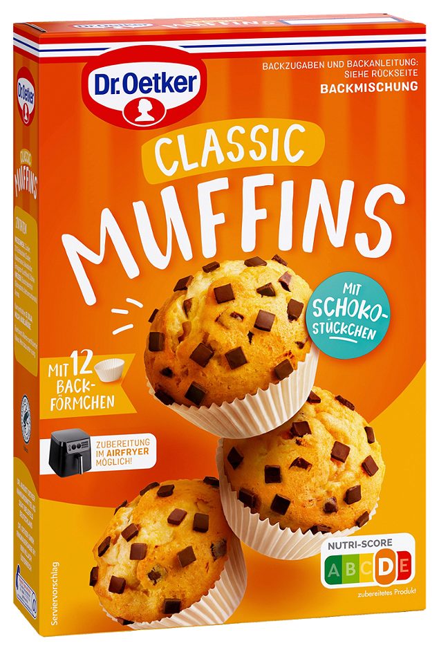 Dr. Oetker Backmischung für Muffins Classic mit Schokostückchen 300g + 80g + 12 Förmchen 380 G