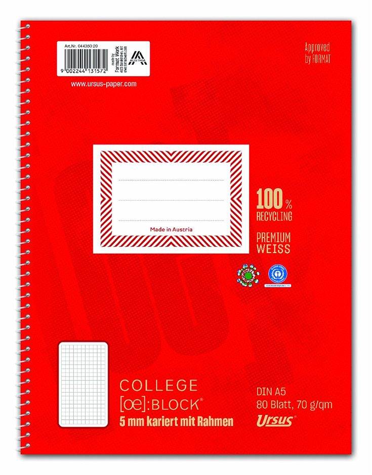 Ursus OE Collegeblock A5 5mm kariert 80 Blatt
