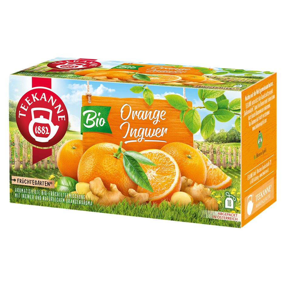 Teekanne Früchtegarten Bio Früchtetee Orange Ingwer 18 Teebeutel
