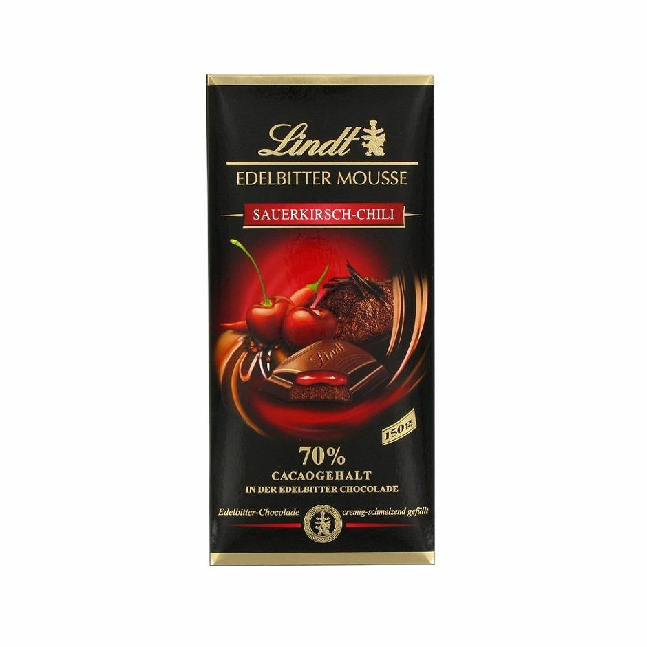 Lindt Edelbitter Mousse gefüllte Edelbitter-Schokolade Sauerkirsch-Chili Tafel 150 G