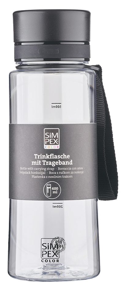 SIMPEX COLOR Trinkflasche mit Trageband 600ml Schwarz