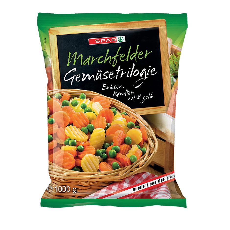 SPAR Marchfelder Gemüsetrilogie Erbsen, Karotten rot & gelb 1 KG