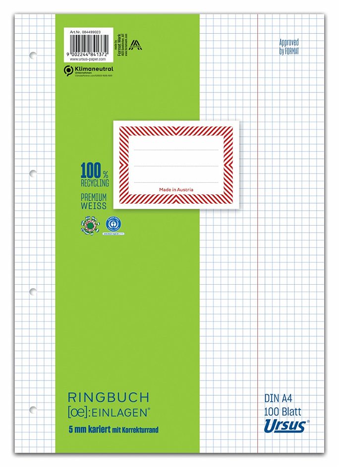 Ursus OE Ringbucheinlagen A4 kariert 5mm, mit Korrekturrand 100 Blatt