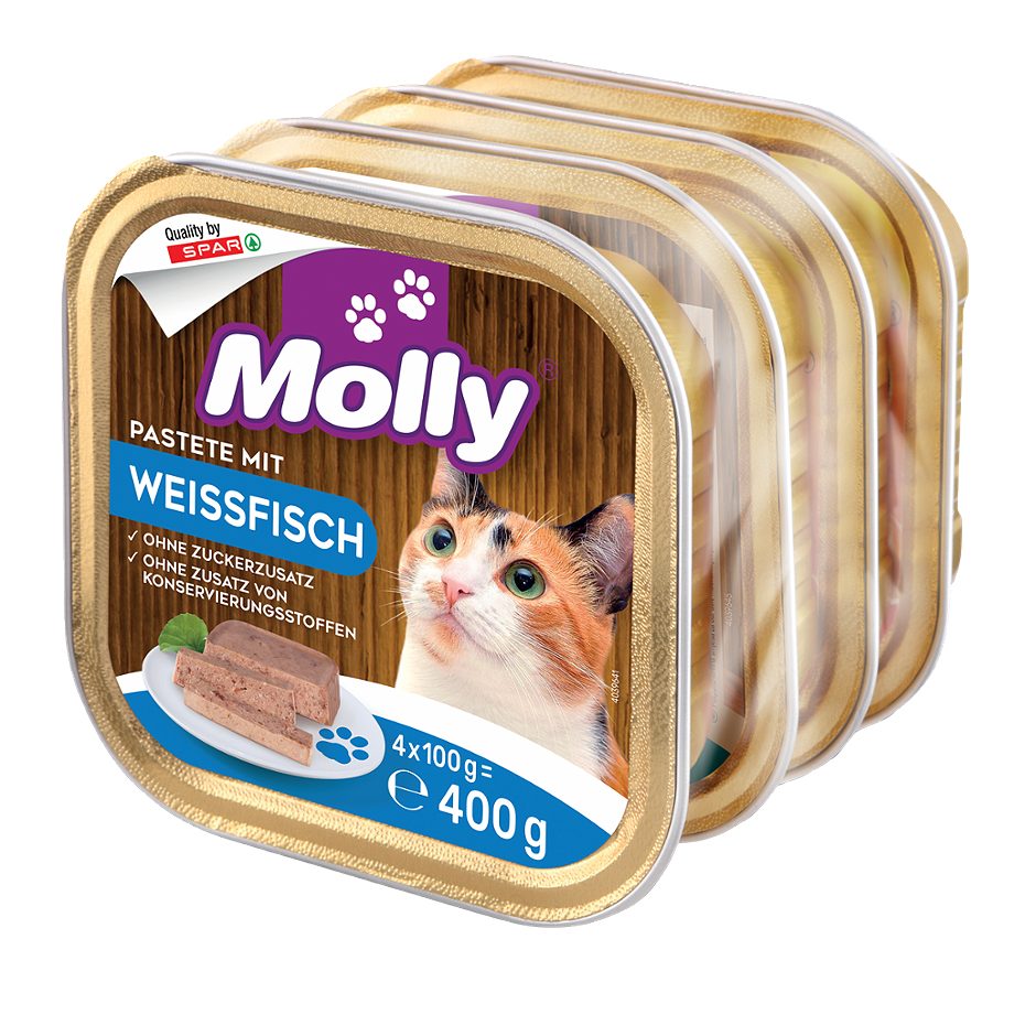 Molly Katzennahrung Pastete mit Weißfisch 4 x 100g 400 G