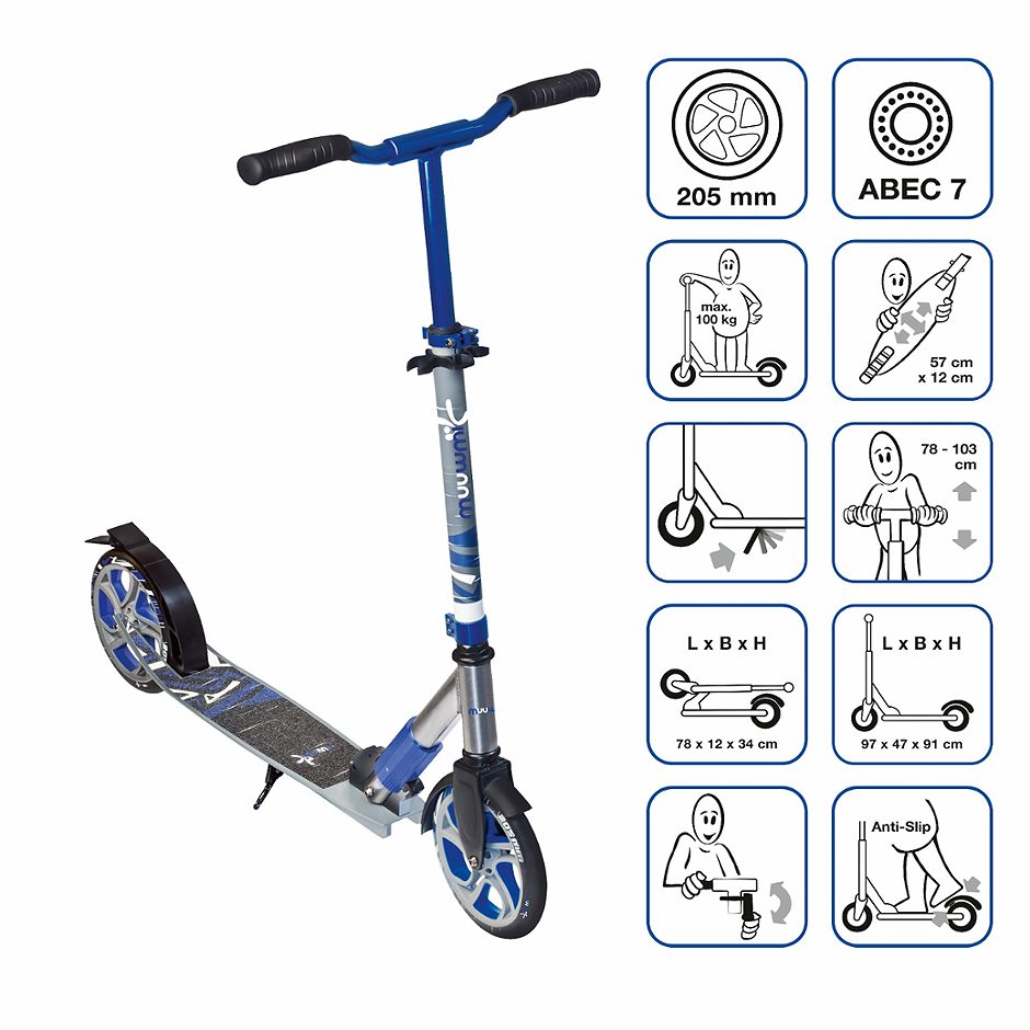 Muuwmi Aluminium Scooter Deluxe 205 mm, Schwarz/blau