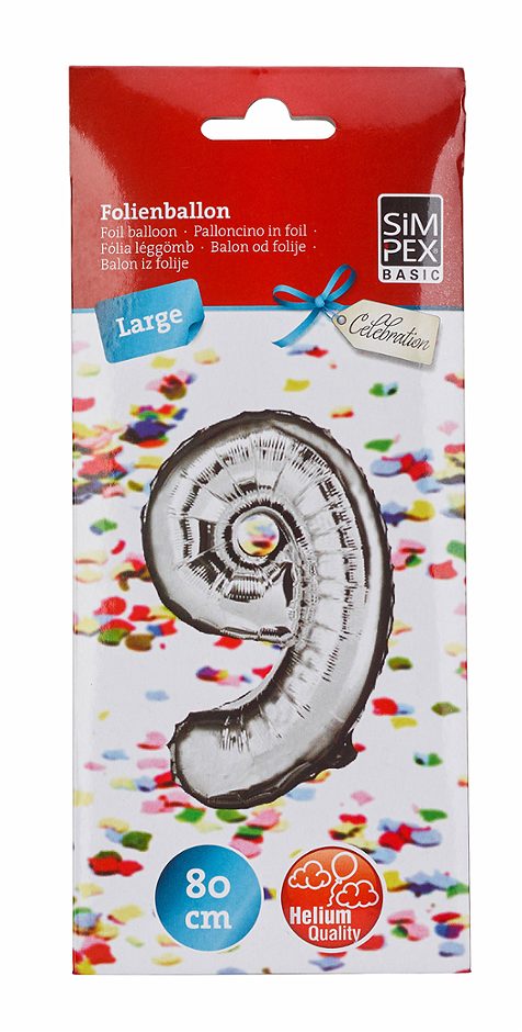 SIMPEX BASIC Celebration Folienballon "9" silber 80 cm