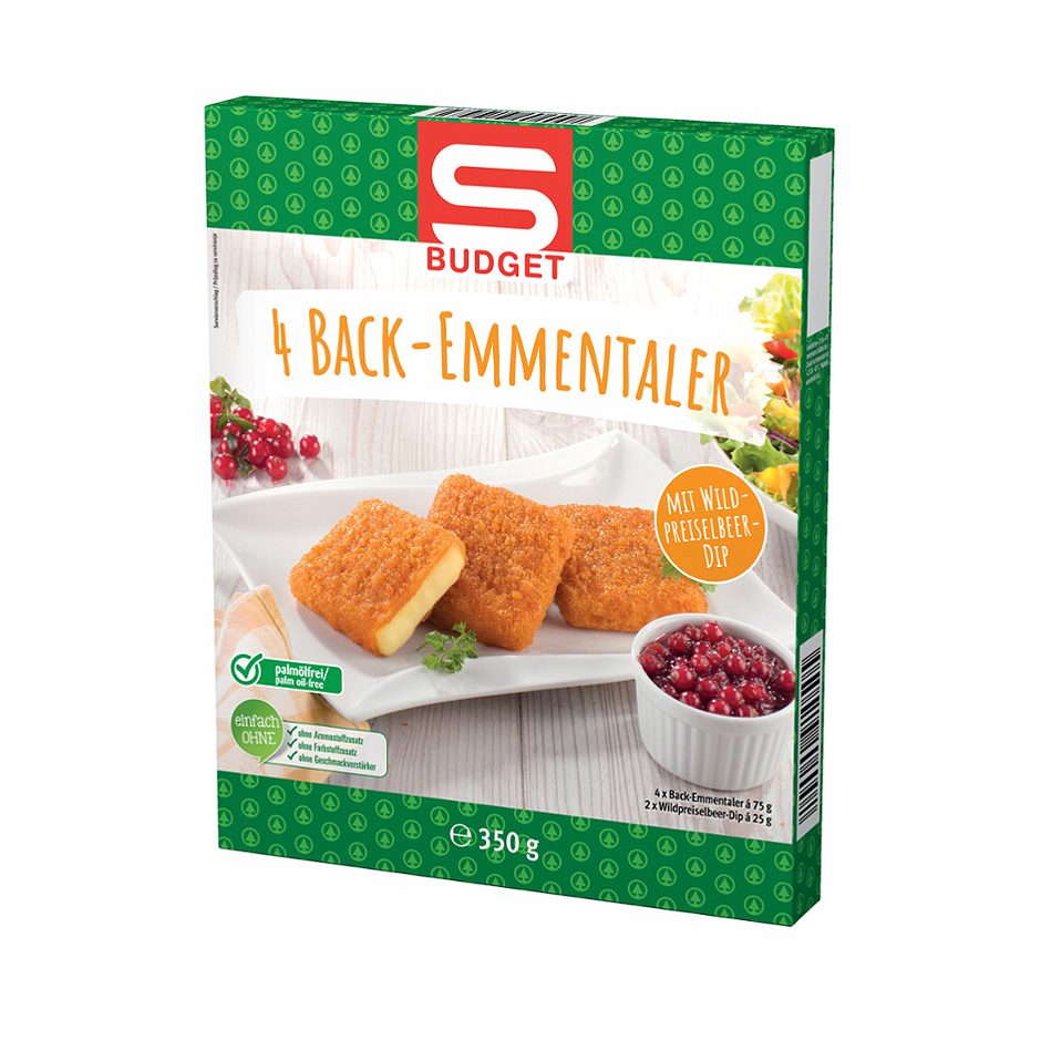 S-BUDGET Back-Emmentaler mit Wildpreiselbeer-Dip 4 Stück à 75g 350 G