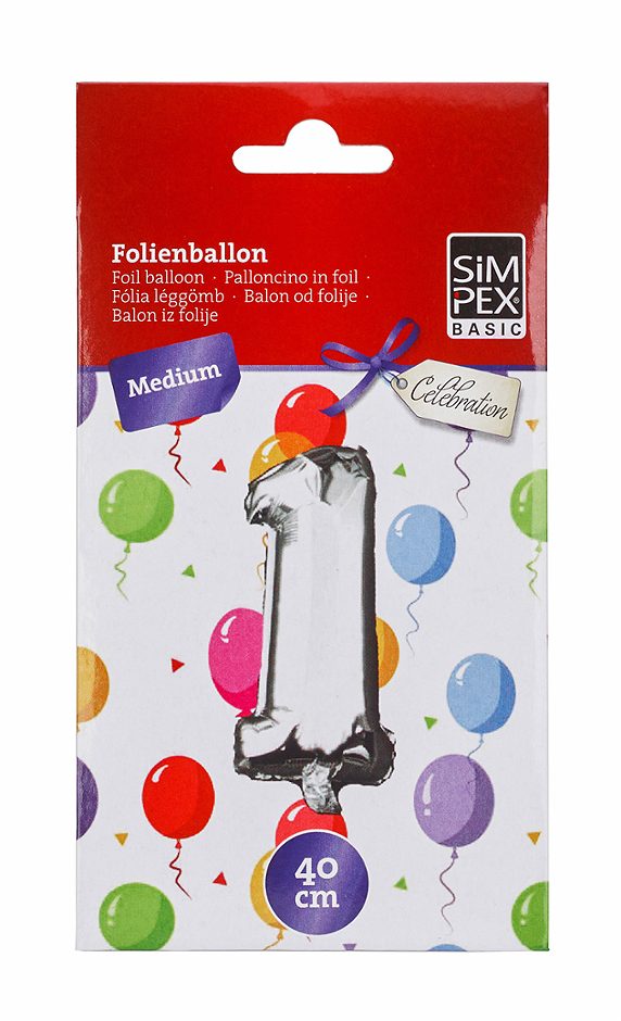 SIMPEX BASIC Celebration Folienballon "1" silber 40 cm