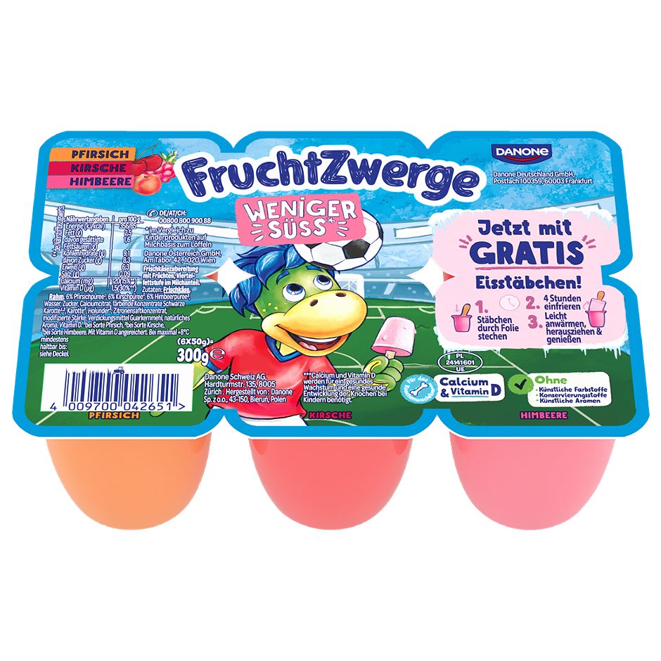 Danone Fruchtzwerge Pfirsich, Kirsche, Himbeere 6x50g 300 G