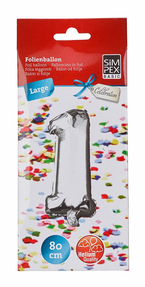 SIMPEX BASIC Celebration Folienballon "1" silber 80 cm