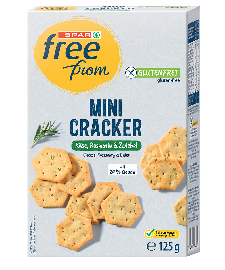 SPAR free from Mini Crackers Käse, Rosmarin und Zwiebel 125 G