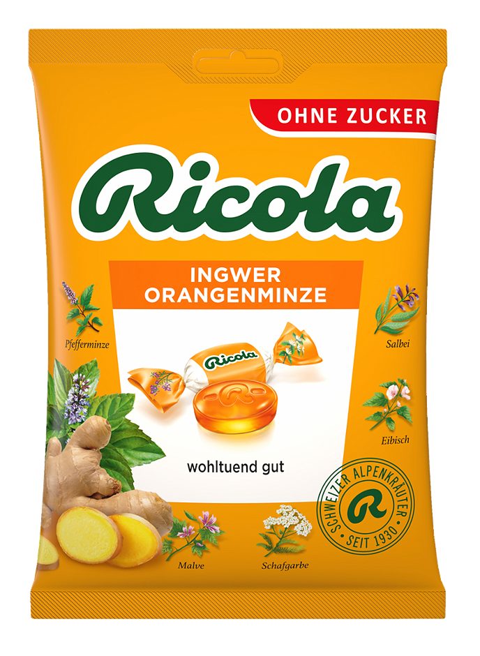 Ricola Kräuterbonbon, ohne Zucker Ingwer Orange 75 G