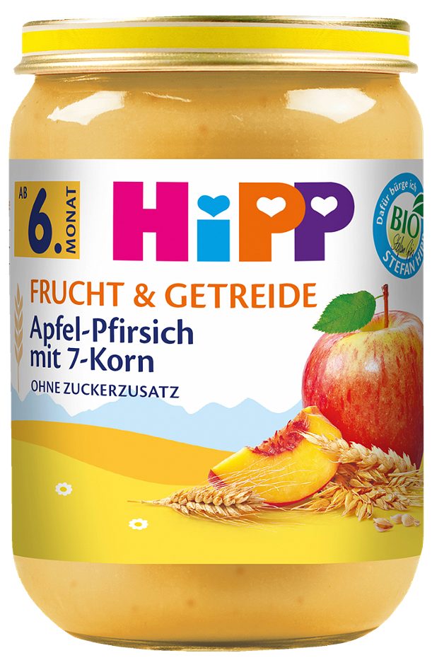 Hipp Frucht & Getreide Bio-Gläschen Apfel-Pfirsich mit 7-Korn 190 G