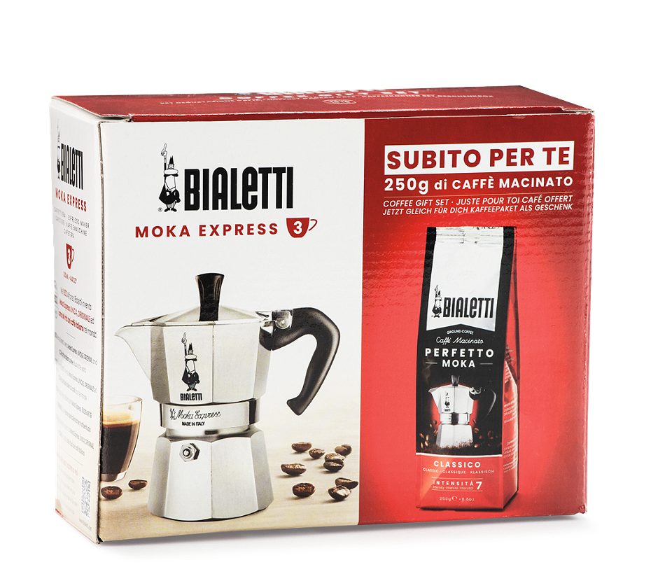 Bialetti Mokka Express 3 Tassen inkl. Moka Classico 250g