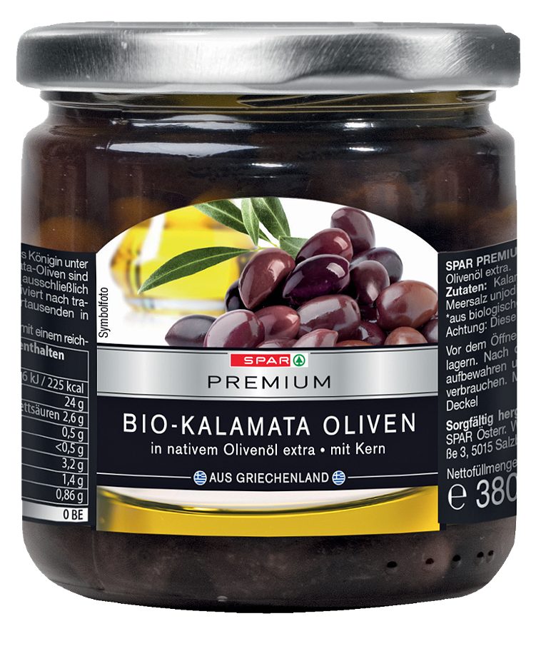 SPAR PREMIUM Bio-Kalamata Oliven in nativem Olivenöl extra 380 G