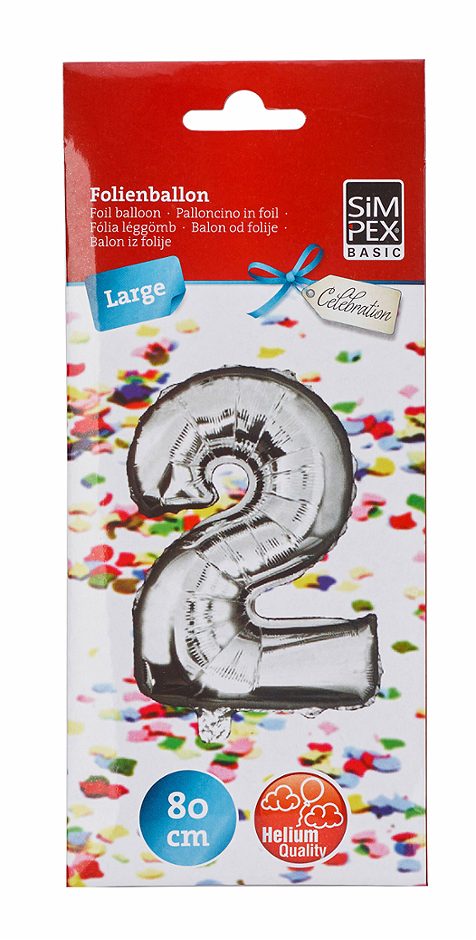 SIMPEX BASIC Celebration Folienballon "2" silber 80 cm