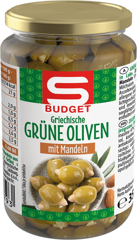 S-BUDGET Griechische grüne Oliven mit Mandeln 350 G