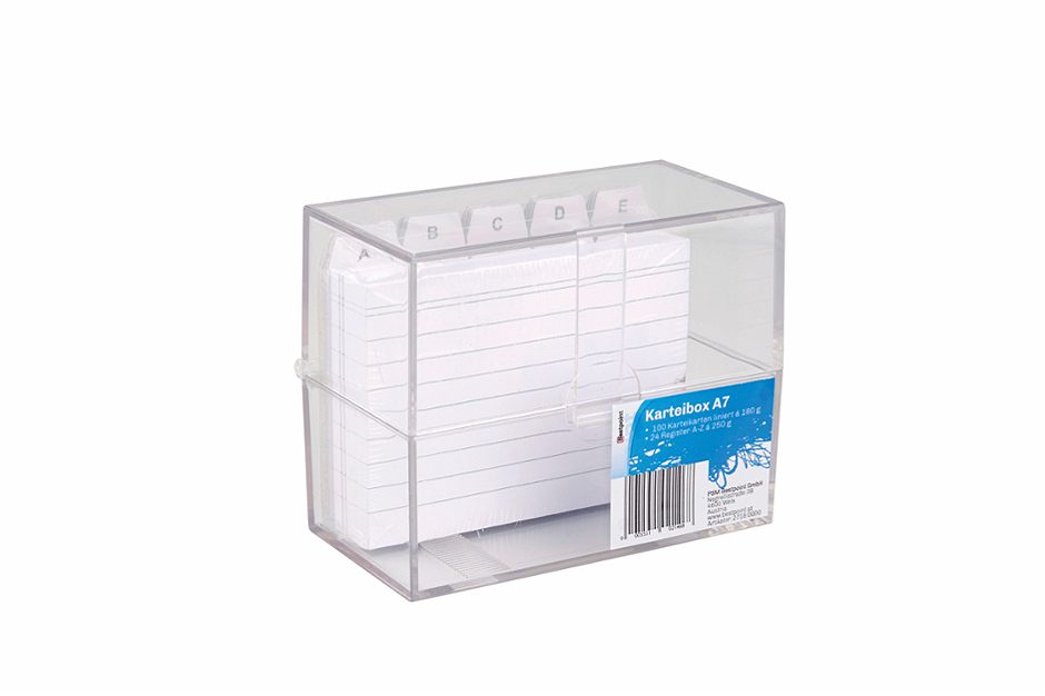 Karteibox A7 inkl. 100 Karteikarten liniert und Register A-Z