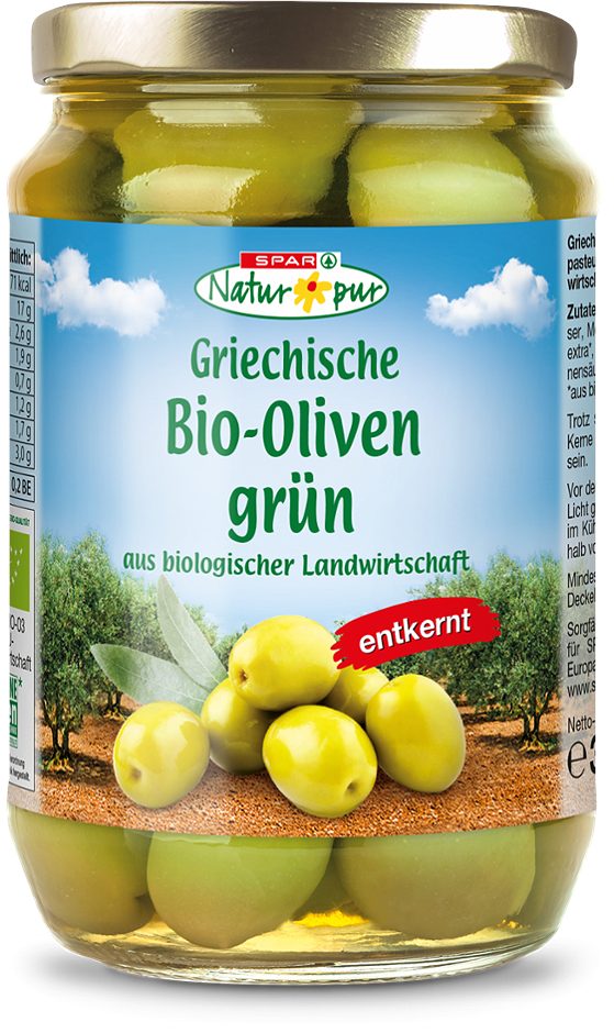 SPAR Natur*pur Griechische Bio-Oliven grün entkernt 360 G
