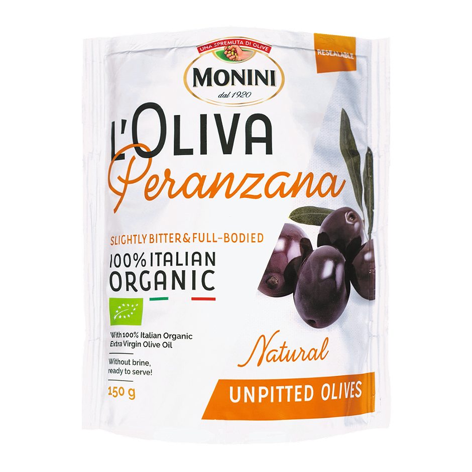 Monini Bio-Oliven Peranzana schwarz mit Kern 150 G