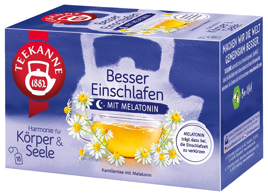 Teekanne Harmonie für Körper & Seele Kamillentee Besser Einschlafen mit Melatonin 18 Teebeutel