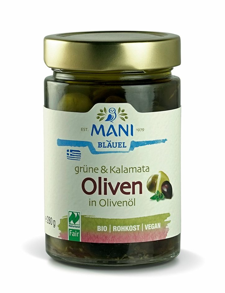 Mani Grüne & Kalamata Oliven in Olivenöl - Bio 280 G