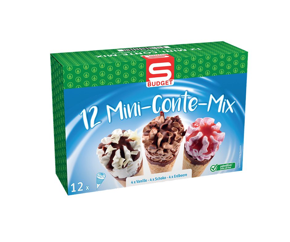 S-BUDGET Mini-Conte-Mix Vanille, Schoko, Erdbeere 4x3 Stück 336 ML