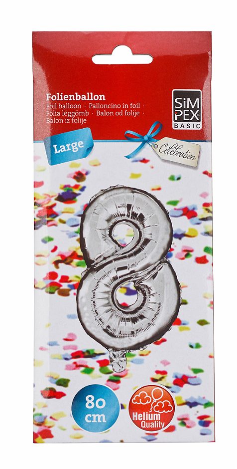 SIMPEX BASIC Celebration Folienballon "8" silber 80 cm