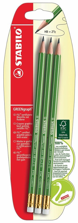 STABILO Bleistift mit Radierer GREENgraph, HB 3 Stück