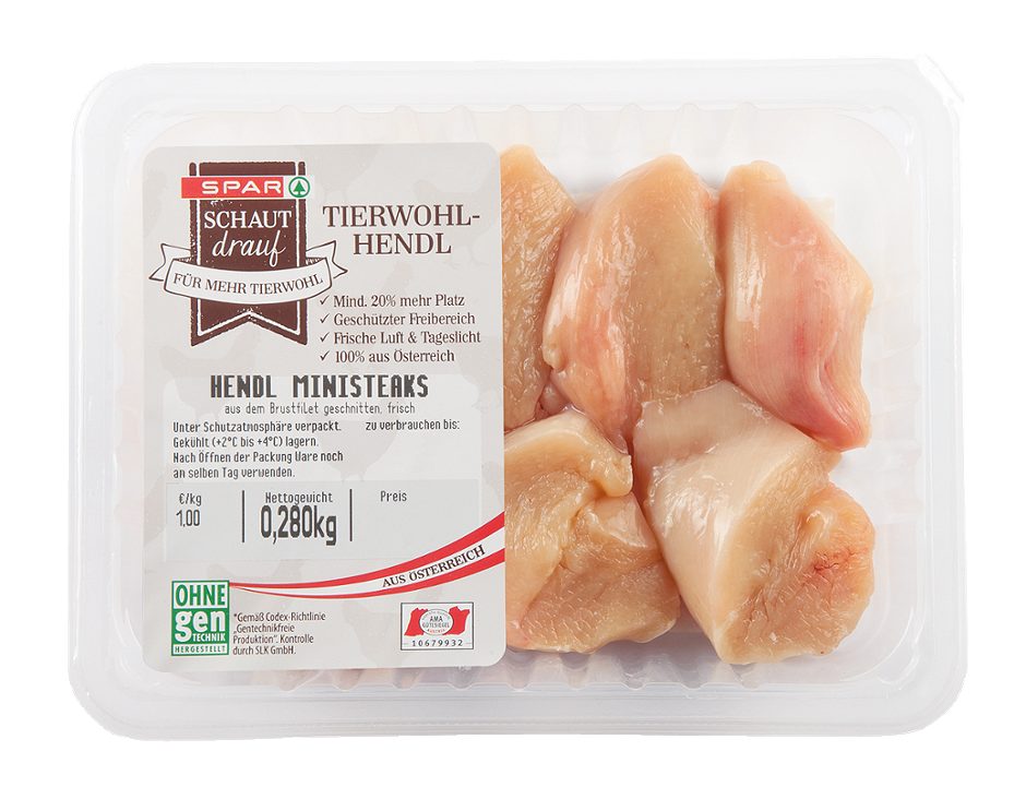 SPAR Feinstes Geflügel schaut drauf Hendl Ministeaks Für mehr Tierwohl 280 G
