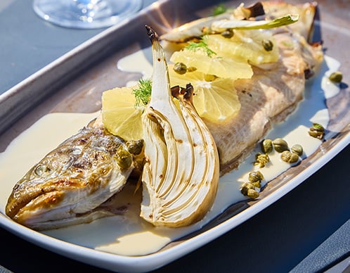 Seesaibling mit Fenchel und Zitrusfrüchten