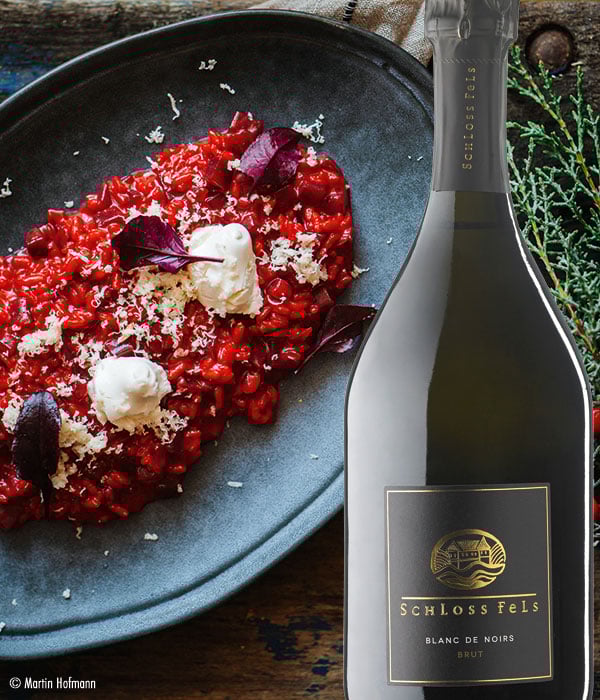 Rote Rüben Risotto mit Schafskäse und Kren zu Blanc de Blanc Noir